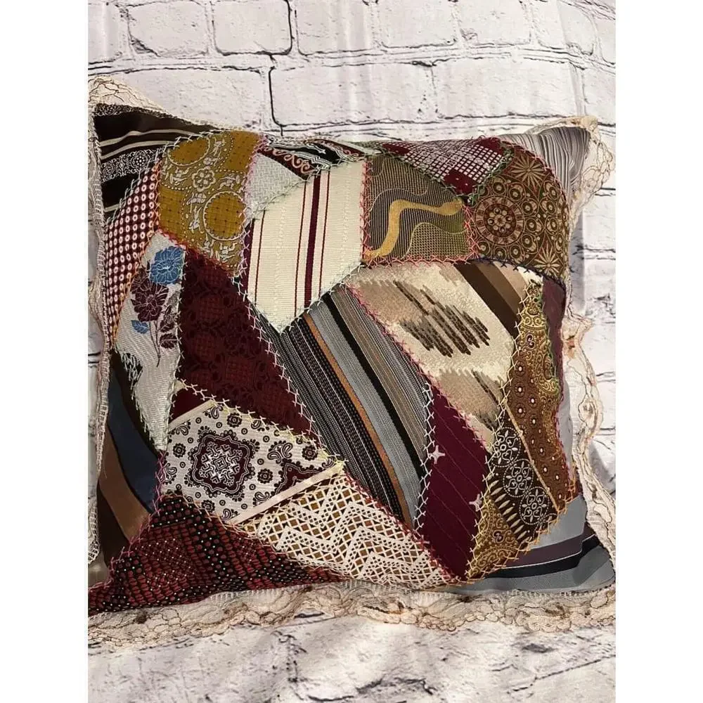 Vintage Crazy Quilt Accent Pillow Patchwork Velvet Back Embroidery Handmade